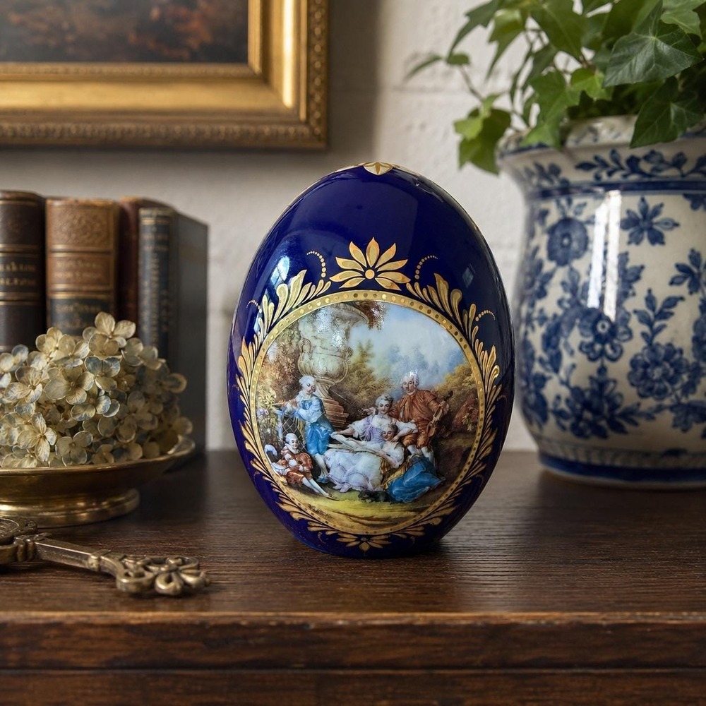 Cobalt Blue Porcelain Egg Vase Gold Gilt Courting Scene Sevres Style Rococo